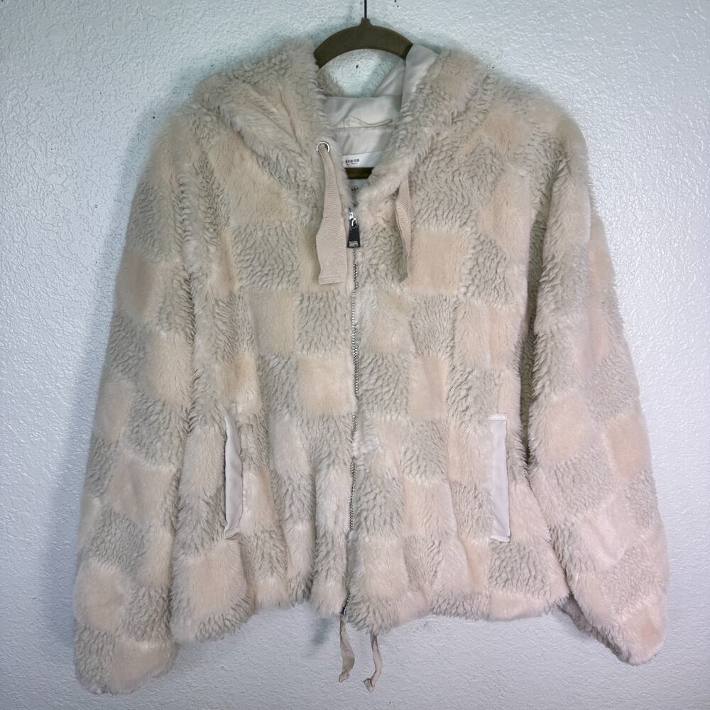 Anthropologie Jacket Womens 1X Faux Fur Hoodie Zip Up Checkered Boho Crop Fleece